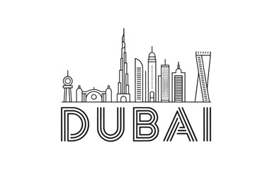 Fototapeta premium Minimalist Dubai Skyline Illustration A Modern Depiction of Architectural Landmarks and City Name in Black and White Style