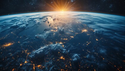 Obraz premium a stunning aerial view of earth at night showcases city lights illuminating europe and north africa as the sun rises over the horizon.