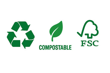 Eco-friendly icon set with recycle symbol, compostable logo, and FSC badge. Green vector labels for sustainable packaging. Flat design certification stamps for environment.