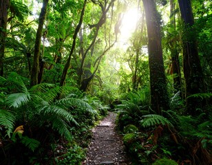 Fototapeta premium Lush Rainforest Path Sunlight Beams Through Canopy.