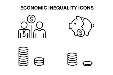 Economic inequality outline icon set. Concepts of rich-poor gap, social division, and poverty. Vector icons of wealth and income disparity, broken piggy bank, financial crisis.