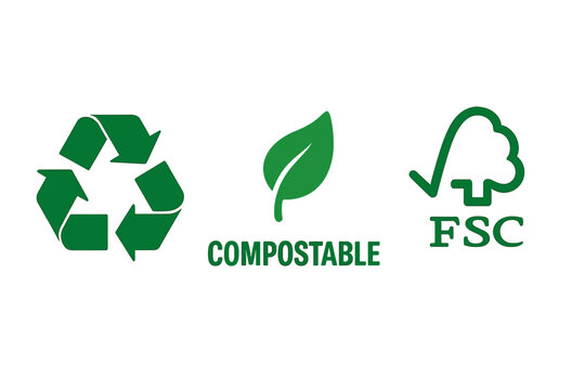 Eco-friendly icon set with recycle symbol, compostable logo, and FSC badge. Green vector labels for sustainable packaging. Flat design certification stamps for environment.