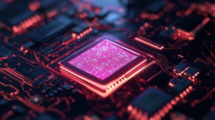 Fototapeta premium Close-up view of a glowing central processing unit (CPU) on a complex printed circuit board (PCB), highlighting intricate circuit traces and a vibrant pink-red illuminated chip.