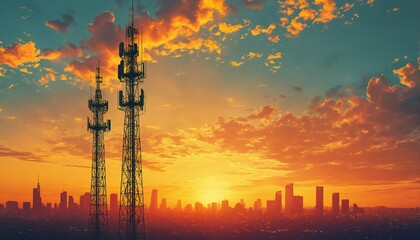 a vibrant orange and teal sunset illuminates a silhouetted cityscape with prominent communication towers rising above the urban sprawl.