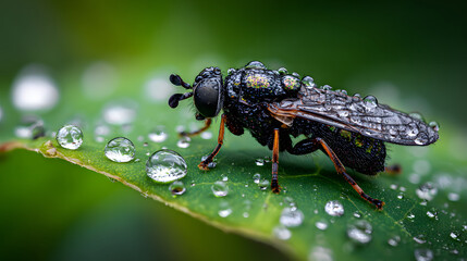 Close up of black soldier fly dew covered green leaf detailed macro shot showing water droplets insect and leaf surface vibrant natural colors