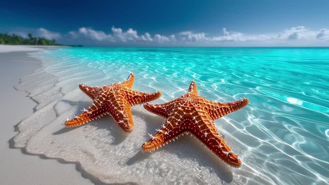 Two orange starfish on a sandy beach with vibrant turquoise water and a clear sky in the background.