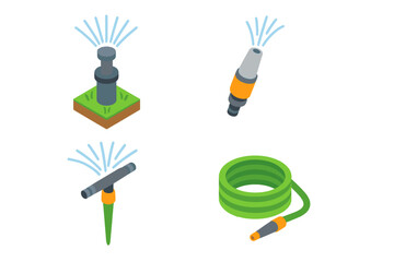 Garden irrigation system isometric icon set. Vector collection of lawn watering equipment. Sprinkler head, adjustable nozzle, garden hose, and automatic water sprayer icons.