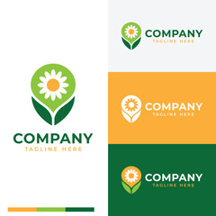 Iconic drop pin with beauty flower and green leaf logo symbol icon flat stock vector design