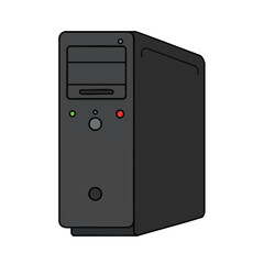 Fototapeta premium A modern desktop computer tower, presented as a minimalist 2D flat vector illustration with clean lines and solid colors, isolated on a pristine white background.