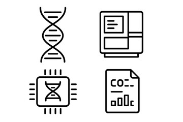 Genomic diagnostics icon set. Outline icons of DNA helix, gene chip, and sequencing machine. Concepts for genetics, bioinformatics, biotechnology, and medical data analysis.