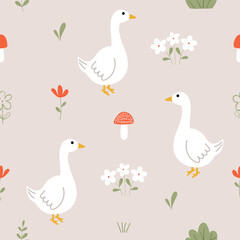 Goose vector seamless pattern with flowers and mushroom for your fabric, children textile, apparel, nursery decoration, gift wrap paper. Vector illustration