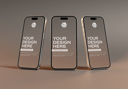 Three Smartphones Standing On Brown Background Mockup