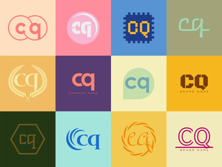 CQ logo company template. Letter c and q logotype. Set different classic serif lettering and modern bold text with design elements. Initial font typography.
