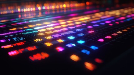 Obraz premium A close-up view of a vibrant, colorful digital interface with glowing, multicolored squares and lines, creating a futuristic and energetic ambiance.