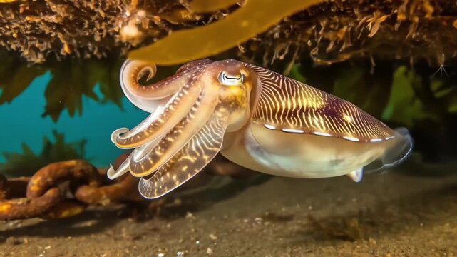 Majestic cuttlefish displaying stunning camouflage patterns while swimming gracefully in its natural underwater habitat