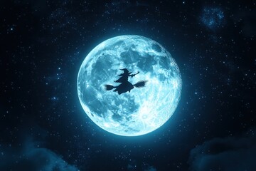 Witch flying on a broomstick in front of the full moon on a starry halloween night