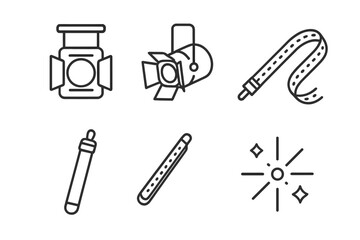 Obraz premium Lighting icon set. Outline line icons of lighting effects. Spotlight, stage light, LED strip, glow stick, lens flare. Vector illustration for concert, party, theater design.