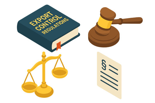 Legal compliance vector icon set. Isometric export control regulations, international trade law, and justice symbols. Judge gavel, scales, law book, and policy icons.