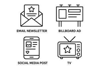 Mass marketing channels outline icon set. Advertising and promotion concept. Vector line icons of email newsletter, billboard, social media, TV. Business communication symbols.