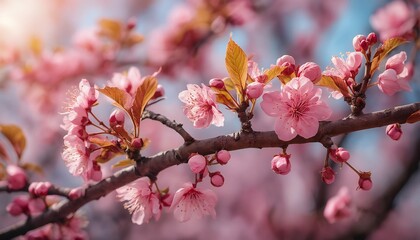Fototapeta premium a delicate branch of pink cherry blossoms with emerging green leaves softly blurred against a hazy spring background.