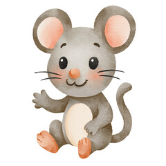Adorable watercolor mouse with big ears, pink cheeks, and a friendly smile. Cute illustration for kids, storybooks, crafts, clipart, and animal-themed projects.
