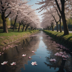 桜並木の川沿いの小道