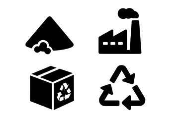 Packaging lifecycle icons vector set, solid filled style. Includes raw material pile, manufacturing plant, recyclable package box, and recycling symbol. Packaging process stages illustration.
