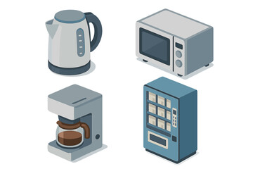 Office breakroom isometric icon set. Kitchen appliances collection: electric kettle, microwave oven, coffee maker, vending machine. Flat vector cartoon for workplace lunch room.