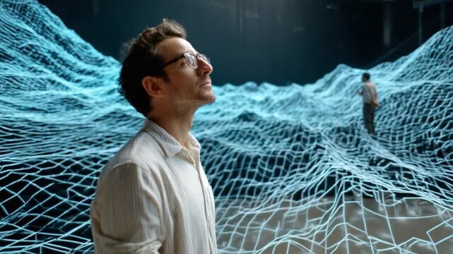 Abstract Digital Landscape: A man gazes up at an awe-inspiring digital landscape, a 3D mesh of data visualizing the vastness of the digital realm, evoking curiosity and wonder.