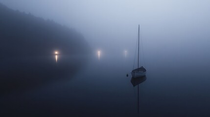 Solitary sailboat in misty lake with distant lights at dawn