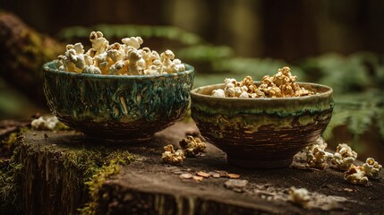 Deep forest green setup with popcorn in bark-textured bowls, natural tones