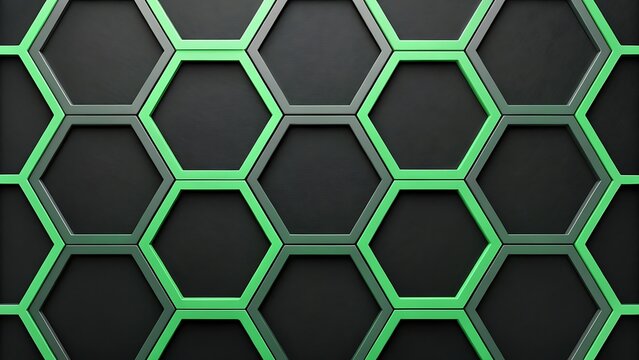 Futuristic Hexagonal Pattern Background with Green and Gray Accents on a Dark Surface for Modern Designs