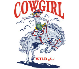 Vector t-shirt graphic showcases a cowgirl riding a horse. The bold text reads 