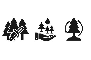 Sustainable forestry icon set. Eco friendly timber industry concept. Selective logging, reforestation, and tree growth cycle. Environmental conservation and wood production vector.
