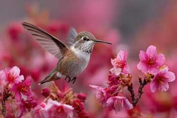 Fototapeta premium A hummingbird hovering near pink cherry blossoms with its wings spread in a blurred background