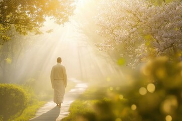Serene wanderer in a sunlit pathway surrounded by blooming cherry blossoms