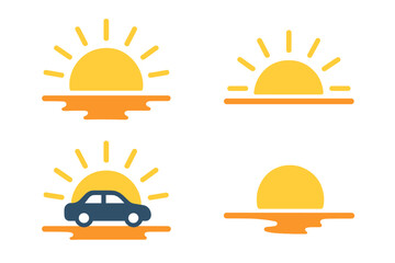 Vibrant flat vector icons of sunrise and sunset moments, including rising sun, setting sun, horizon line, car silhouette, colorful morning and evening sky illustrations on transparent background