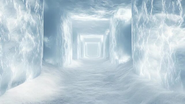 Ice tunnel glowing walls smooth frozen floor cold winter mysterious atmosphere surreal icy passage soft light reflections frosty snow covered corridor creating enchanting frozen environment