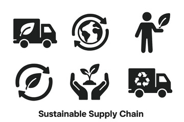 Sustainable supply chain icon set. Green logistics, circular economy, and eco-friendly transport symbols. Vector icons for carbon footprint, recycling, and ESG concepts.