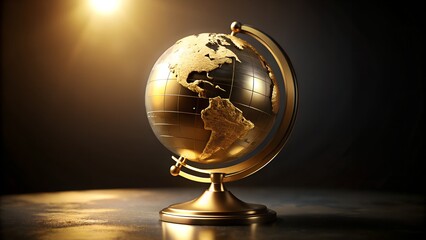 A golden globe, a vintage symbol of world geography, travel, and exploration, perfect for adding a touch of luxury and classic style to any desk or study