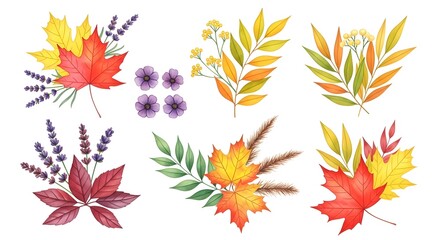 Watercolor autumn floral elements isolated on white background, featuring maple leaves, lavender, and grasses in vibrant fall colors