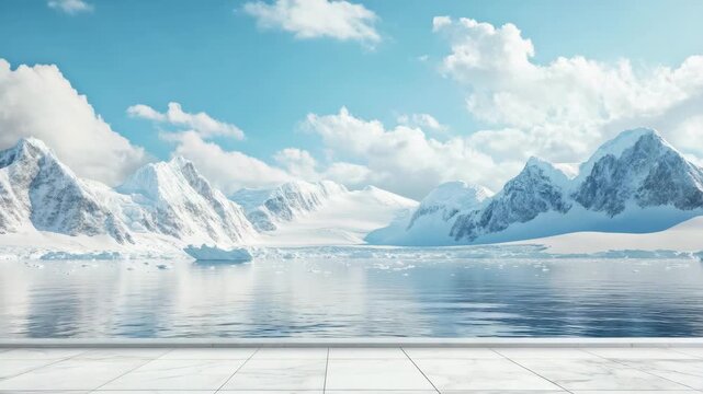 Snow mountain iceberg glacier frozen lake cloudy sky reflection winter landscape cold climate arctic scenery outdoor view peaceful icy water marble floor foreground reflecting light serene cold