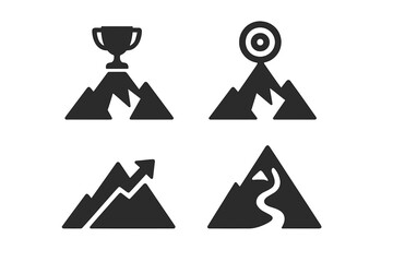 Mountain peak icon set for success, achievement, and goal setting. Vector symbols of a trophy on top, target, growth arrow, and journey path for business strategy concepts.