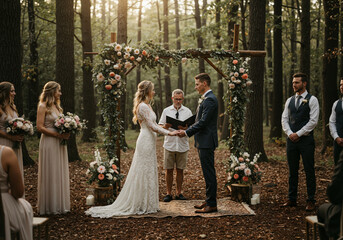 Wedding ceremony with couple exchanging vows in forest setting  
