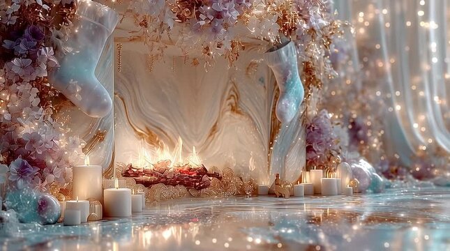 Elegant close-up of white pearl Christmas fireplace with glowing fire, delicate garlands, ornaments and festive lights. Luxury holiday decor background.