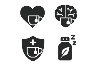 Tea health benefits vector icon set. Solid glyphs for heart health, brain function, immune system, sleep aid. Healthy drink, herbal medicine, wellness, relaxation concepts.