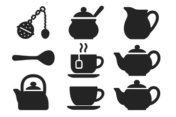Tea time icons set. Solid glyph collection of tea accessories like teapot, cup, sugar bowl, milk jug, and infuser. Vector silhouette kitchenware for cafe menu or beverage design.