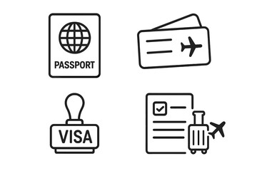 Travel icon set with passport, visa stamp, boarding pass, and customs form. Outline vector symbols for international flight documentation, airport immigration, vacation, and tourism.