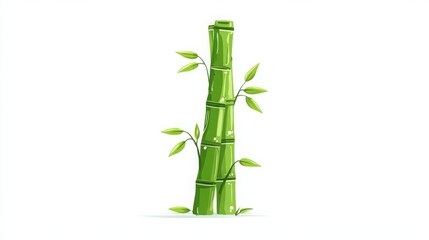 Fototapeta premium Fresh Green Bamboo Stalk with Leaves on a White Background