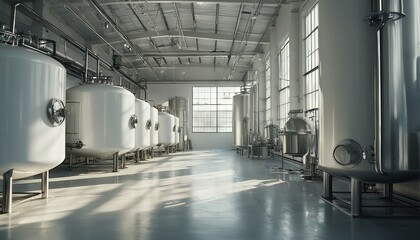 a wide angle view of a bright, industrial brewery filled with rows of large, stainless steel fermentation tanks and bathed in soft light from expansive windows.